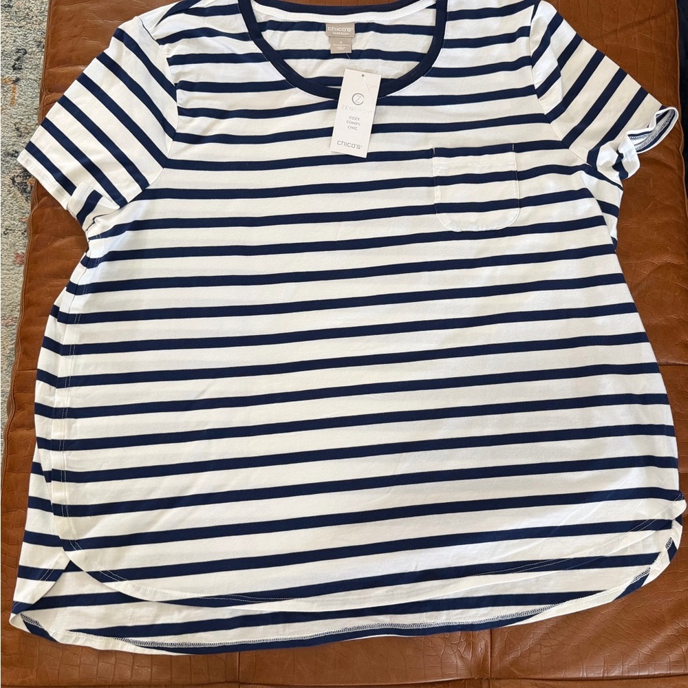 Chico's Navy and White Striped Short Sleeve Tee XL 16/18